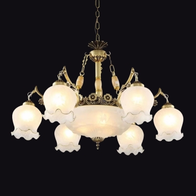 Bronze/White Ruffled Shade Chandelier Traditional Opal Glass 9 Bulbs Dining Room Hanging Ceiling Light