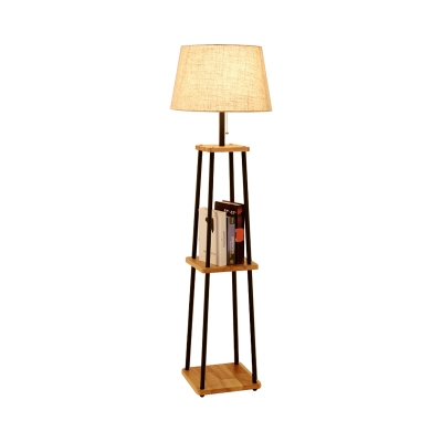 Cone/Round/Empire Shade Floor Light Contemporary Fabric 1-Light Black/White Standing Lamp with Wood Table/Shelf