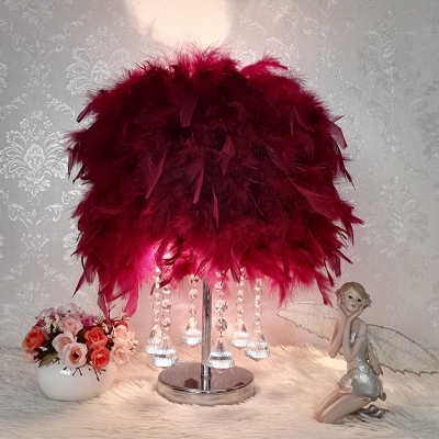 Cylinder/Dome Feather Table Lighting Modern Single White/Pink/Burgundy Nightstand Lamp with Crystal Decoration