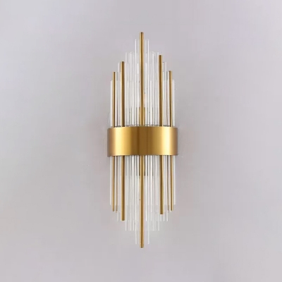 Cylinder Living Room Flush Wall Sconce Crystal Rod 2-Bulb Modern Style Wall Light in Gold