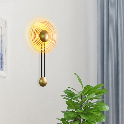 Designer Single Wall Light Sconce Gold Disc Shaped Wall Mounted Lamp with Rippling Amber Glass Shade