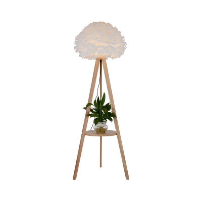 Dome Shade Tripod Floor Lamp Nordic Feather 1-Light Grey/White Standing Light with Wood Shelf