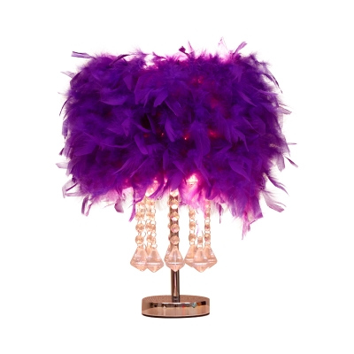 Drum Dining Room Table Stand Lamp Feather 1 Head Modernism Night Light in Coffee/Rose Red/Burgundy with Crystal Drop