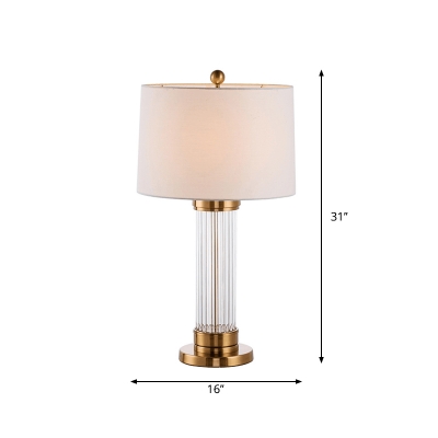 Fabric Drum Shade Night Light Minimalist 1 Head White and Brass Table Lamp with Cylinder Clear/Black Glass Base