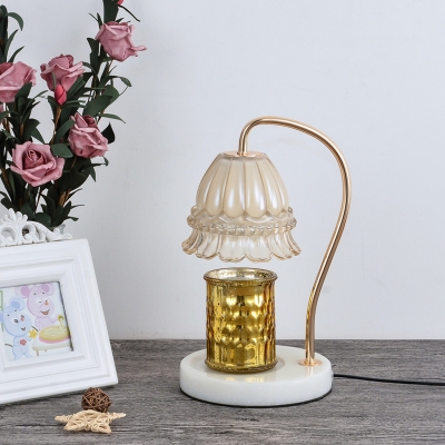 Floral Beige Glass Night Lamp Modern Single Bulb White and Brass Gooseneck Table Light