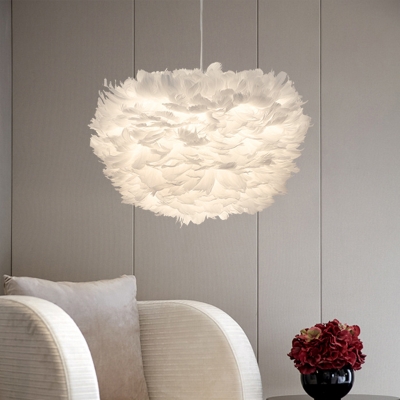 Globe Living Room Pendant Lamp Feather Single Simplicity Suspension Lighting in White, 14