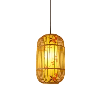Hand-Worked Drop/Ellipse/Diamond Shaped Pendant Asian Bamboo Single Beige Ceiling Suspension Lamp