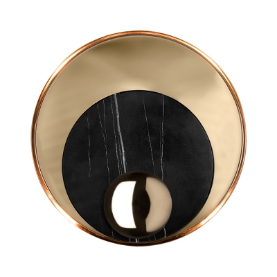 Layered Round Flush Mount Wall Sconce Post-Modern Marble 2 Lights Black/White and Polished Gold Wall Lamp