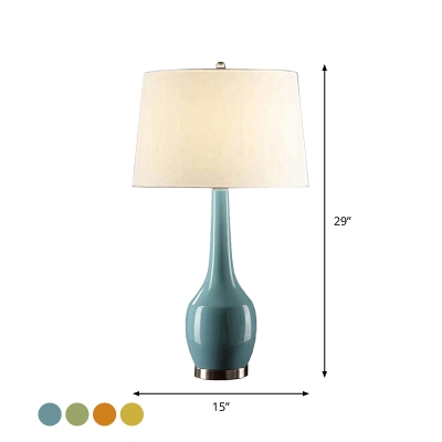 Long Neck Vase Table Lamp Modern Ceramics 1-Light Yellow/Blue/Green Nightstand Light with Drum Fabric Shade