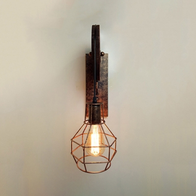 Metal Rust Red Wall Lamp Fixture Pulley 1 Bulb Industrial Style Wall Light with Wire Cage