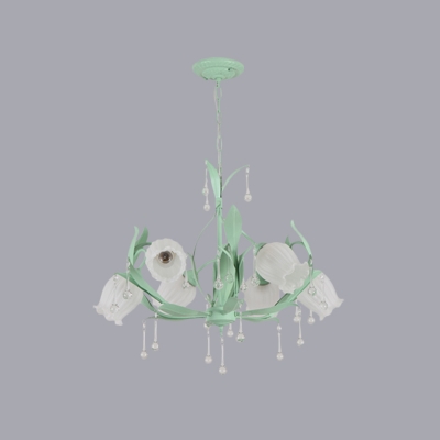 Milk Glass Pink/Green Chandelier Tulip 6/8-Light Pastoral Flower Ceiling Pendant with Crystal Droplet