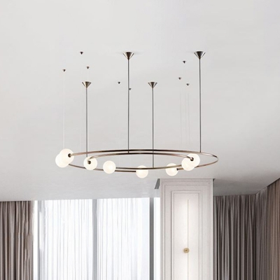 Minimalist Circular Chandelier Pendant Ivory Ball Glass 8 Lights Postmodern Style Hanging Light in Brass