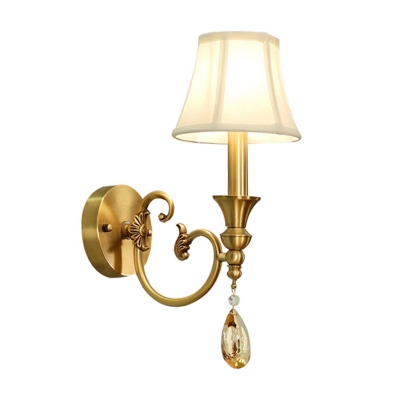 Paneled Bell Fabric Wall Lamp Traditional 1/2-Head Dining Room Wall Mount Light in Gold with Crystal Drop