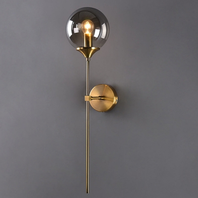 Pencil Arm Wall Light Fixture Postmodern Metal 1-Head Brass Sconce Lamp with Sphere Clear/Smoke/Amber Glass Shade