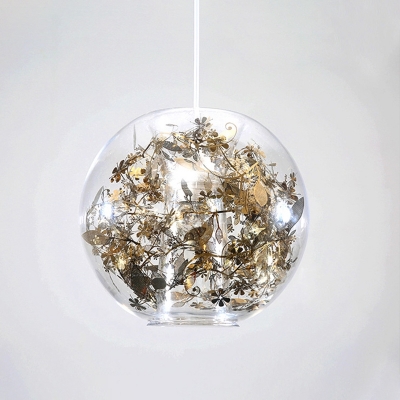 Stylish Modern Sphere Pendant Light Kit Clear Glass 1 Bulb Kitchen Down Lighting with Gold/Silver Flower Foil Flakes