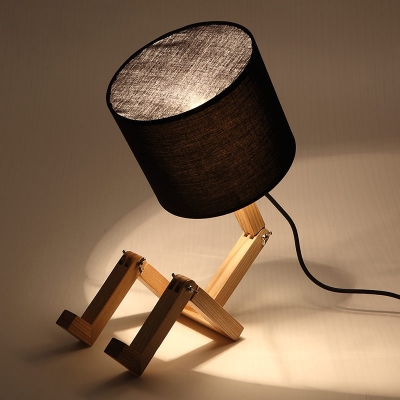 Wooden Robot Table Light Modern 1 Light Black/White/Beige Night Lamp with Cylinder Fabric Shade and Book Rack Function