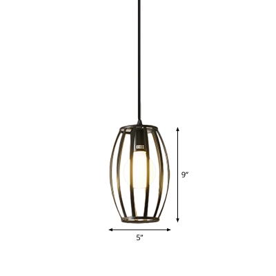 1-Light Down Lighting Pendant Industrial Studio Hanging Light with Cylinder/Triangle/Square Iron Cage in Black
