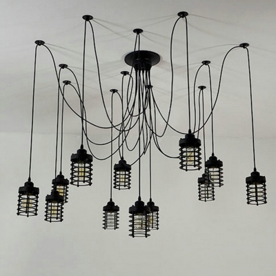 12 Bulbs Cylindrical Swag Pendant Rustic Black Iron Hanging Light Fixture for Bedroom
