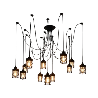 12 Bulbs Cylindrical Swag Pendant Rustic Black Iron Hanging Light Fixture for Bedroom
