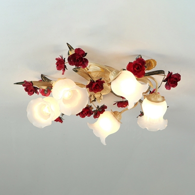 3/5 Lights Bell Flower Semi Flush Chandelier Pastoral White Frosted Glass Ceiling Lamp with Red Rose Decoration