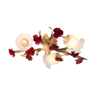 3/5 Lights Bell Flower Semi Flush Chandelier Pastoral White Frosted Glass Ceiling Lamp with Red Rose Decoration