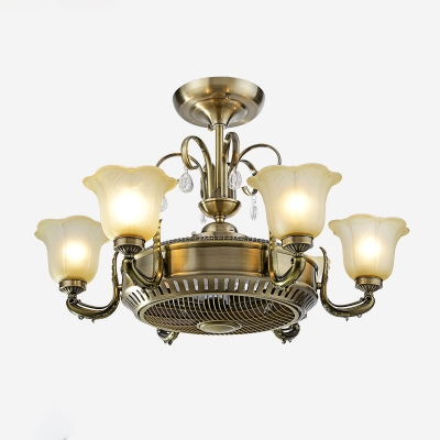 3-Blade 6/8 Heads Floral Hanging Fan Light Traditional Light-Gold Opal Frosted Glass Semi Flush Chandelier, 34