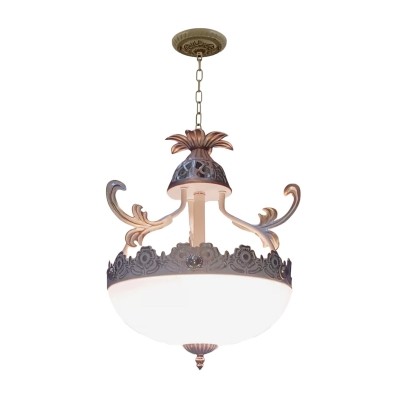 3 Lights Chandelier Pendant Traditional Hemisphere White Glass Ceiling Hang Lamp with Carved Trim, 12