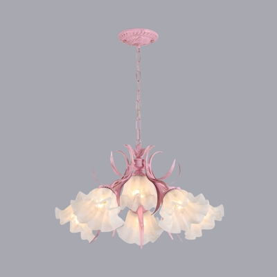 4/6/9 Heads Chandelier Lighting Pastoral Flower Ruffled White Glass Hanging Ceiling Light in Pink/Green