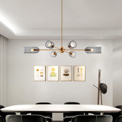 6 Heads Dining Room Ceiling Hang Light Postmodern Gold Radial Chandelier with Elongated Dome Smoke Glass Shade