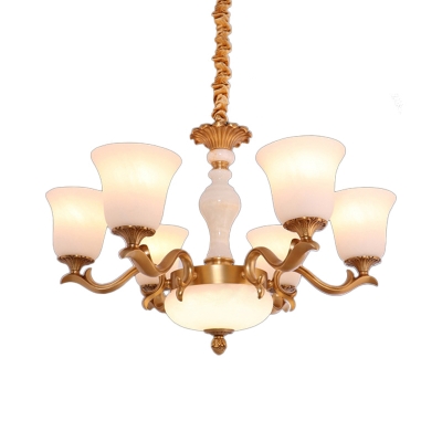 6 Heads Hanging Pendant Traditional Hotel Chandelier Light with Trumpet Opal Frosted Glass Shade in Brass