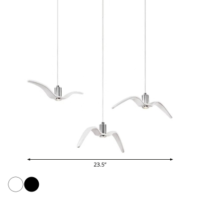Black/White Gull Cluster Pendant Light Artistry 3-Head Resin Hanging Lamp with Round/Linear Canopy for Dining Room