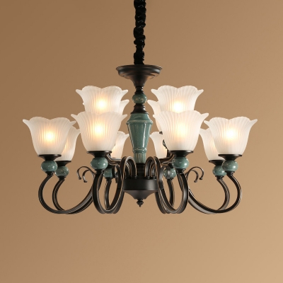 Blackish Green Floral Chandelier Retro Ribbed Frosted Glass 3/8/12-Light Bedroom Hanging Light