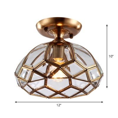 Brass Single-Bulb Ceiling Flush Light Traditional Transparent Glass Dome Flushmount Lighting