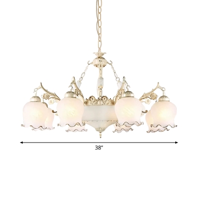 Dome Opal Glass Ceiling Hang Light Retro 11-Bulb Dining Room Chandelier with Lettuce Trim in White