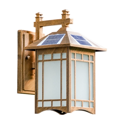 Frosted Glass Pavilion LED Wall Lamp Rustic Outdoor Solar Powered Wall Light Sconce in Black/Brass