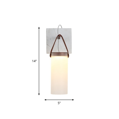 Frosted White Glass Cylindrical Wall Light Designer Integrated LED Sconce with Leather Strap and Marble Backplate