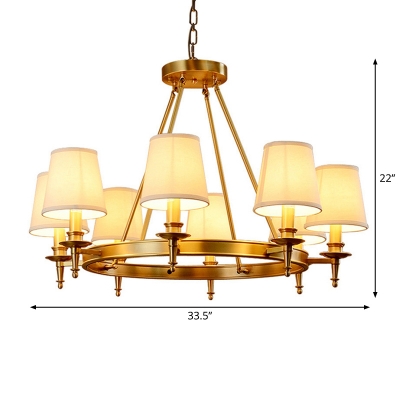 Gold Circular Chandelier Traditional Metal 3/6/8 Heads Dining Room Hanging Lamp with Cone Fabric Shade
