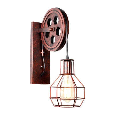Metal Rust Red Wall Lamp Fixture Pulley 1 Bulb Industrial Style Wall Light with Wire Cage