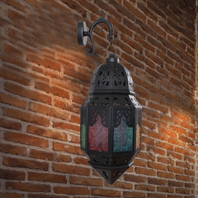 Moroccan Lantern Wall Sconce 1-Light Stained Glass Wall Mounted Lamp in Black for Bistro