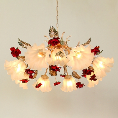 Opal Frosted Glass Beige Drop Lamp Blossoming Rose 4/6/9-Bulb Pastoral Chandelier Light Fixture