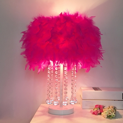 Pink/White/Red Round Table Stand Lamp Stylish Modern 1 Head Feather Night Light with Crystal Draping