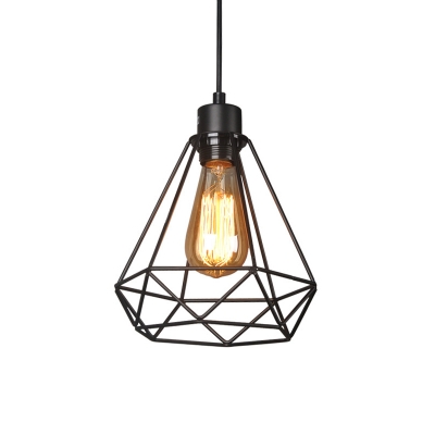 Retro Diamond Caged Pendant Lighting Single-Bulb Iron Hanging Ceiling Light in Black