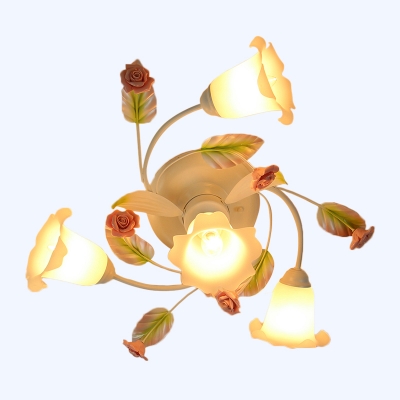 Romantic Pastoral Flower Swirl Ceiling Light 4/7-Light Frosted Glass Semi Flush Mounted Lamp in White