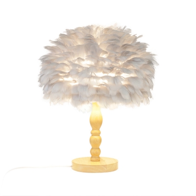 Single Bedside Nightstand Light Minimalist Grey/White Table Lamp with Sphere Feather Shade