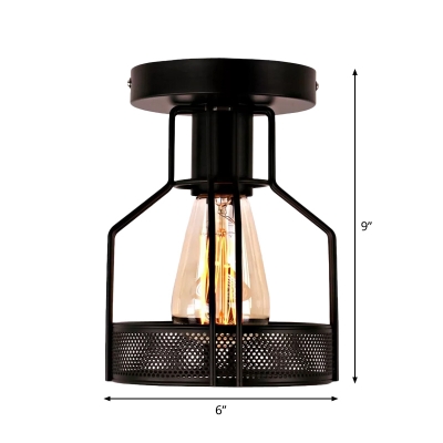Single-Bulb Caged Semi Flush Light Industrial Black Iron Ceiling Mount Lamp for Bistro