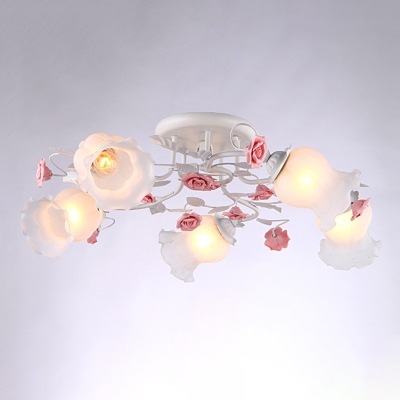 White 5-Head Semi Flush Chandelier Pastoral Style Frosted Glass Floweret Close to Ceiling Light