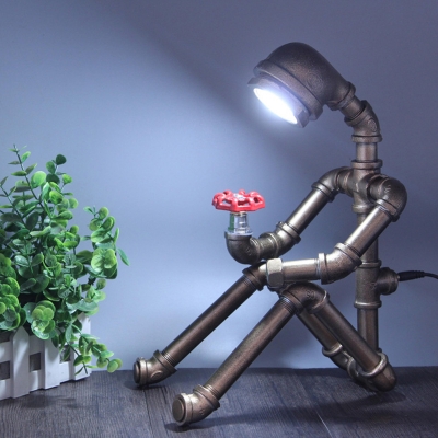 1-Light Piping Bot Night Light Factory Silver/Bronze Finish Metallic Table Lamp with Red Valve
