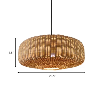 1-Light Restaurant Hanging Lamp Countryside Beige Down Lighting Pendant with Round Cage Rattan Shade