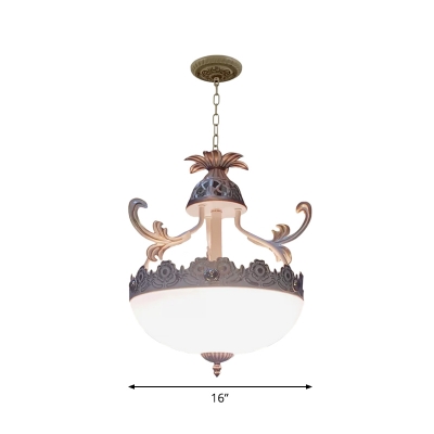 3 Lights Chandelier Pendant Traditional Hemisphere White Glass Ceiling Hang Lamp with Carved Trim, 12