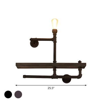 Black/Rust 1 Bulb Wall Mount Lamp Loft Style Metal Asymmetric Pipe Wall Light Sconce with Rack